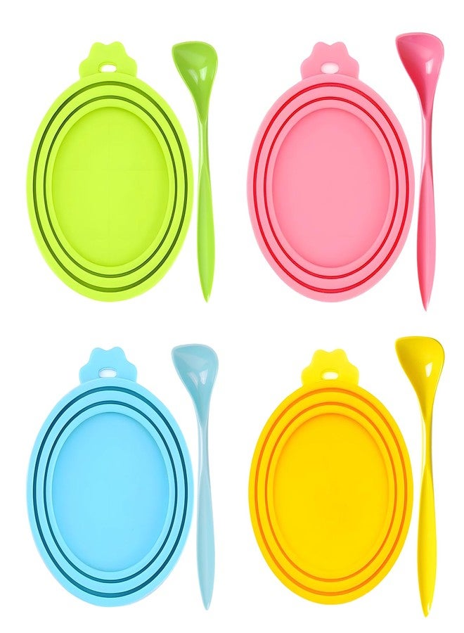 Creztail 4-Pack Pet Food Can Lids, Silicone Dog Food Lids for Cans, Universal Wet Cat Food Lid Covers, Leakproof Reusable Plastic Can Covers, One Fits 3 Standard Sizes with Matching Scoops, Multicolored - Image 1